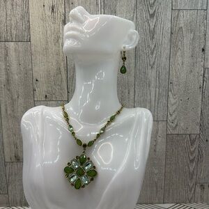 Gold necklace set with green and blue rhinestone earrings